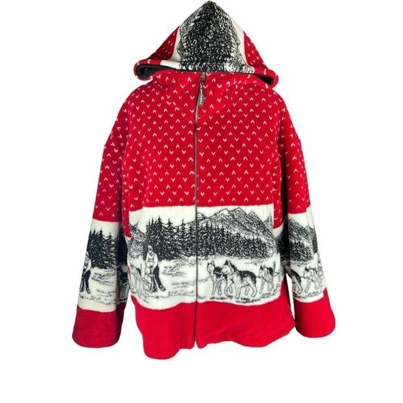 Vintage Denali Coat Womens Large Red Reversible Forrest Wolf Jacket sledding - Picture 3 of 10